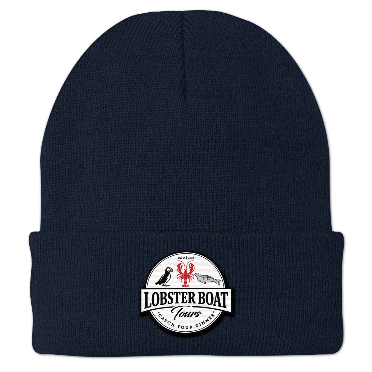 Lobster Boat Tours Logo Cuff Knit in navy, front view