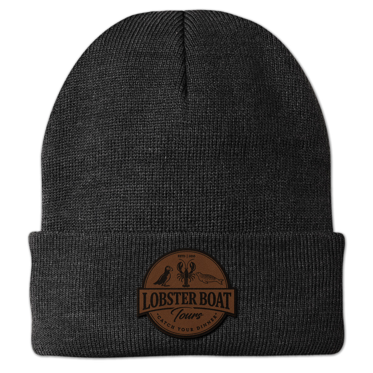 Lobster Boat Tours Leather Patch Cuff Knit in charcoal, front view