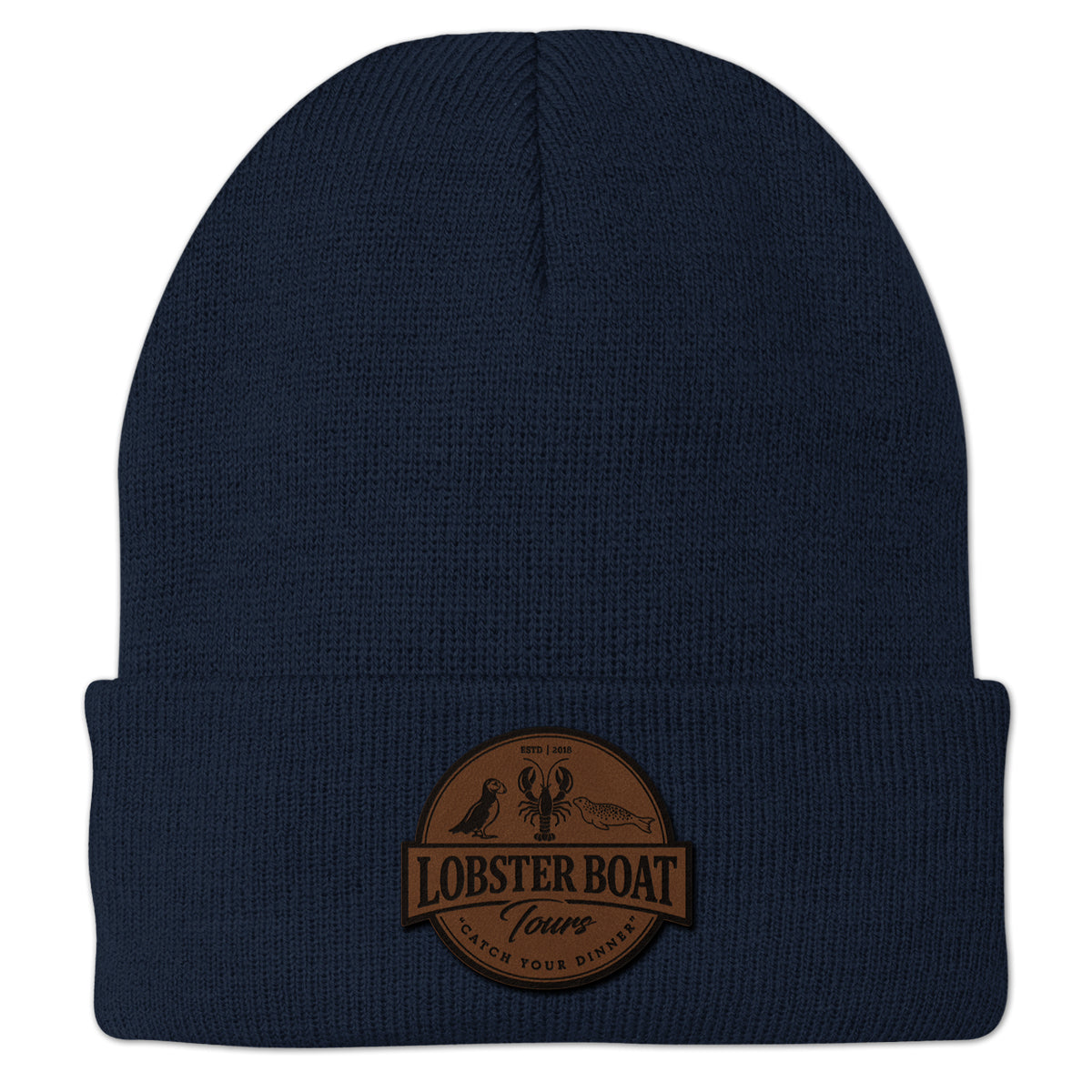 Lobster Boat Tours Leather Patch Cuff Knit in navy, front view