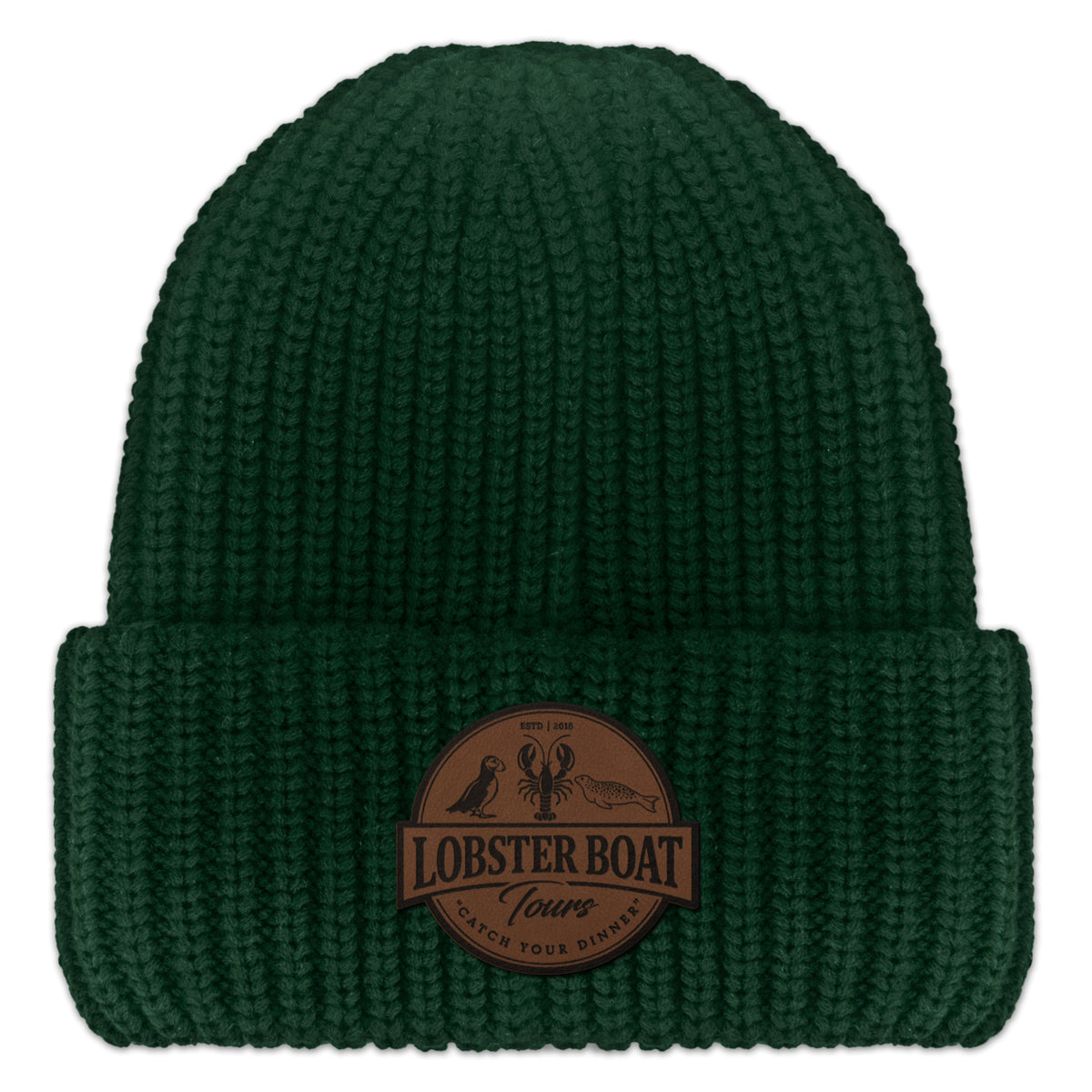 Lobster Boat Tours Leather Patch Chunky Knit in dark green, front view