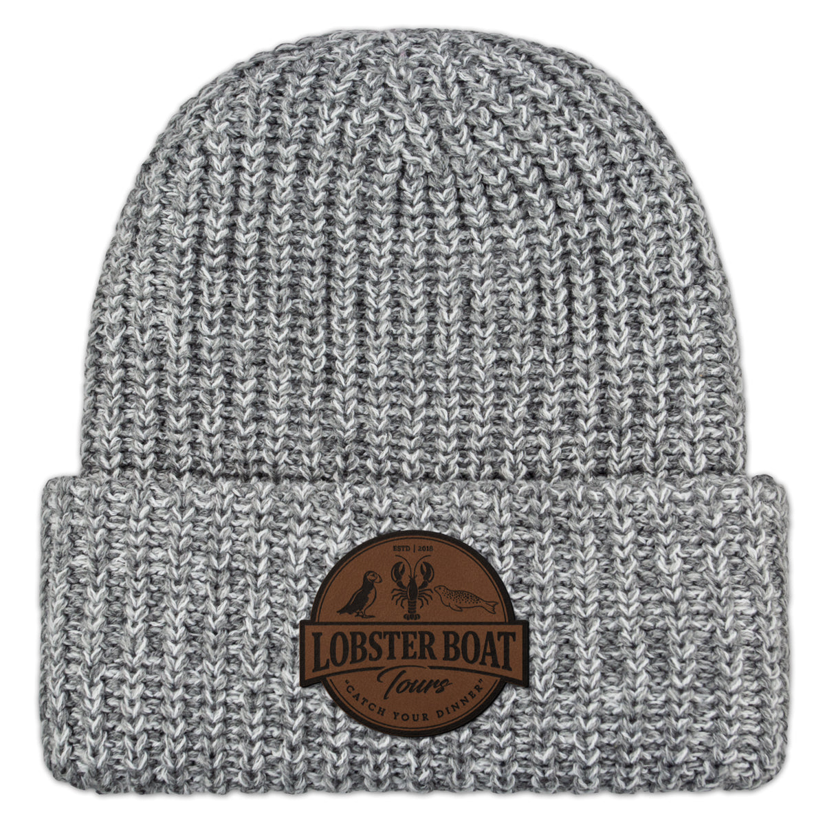 Lobster Boat Tours Leather Patch Chunky Knit in gray, front view