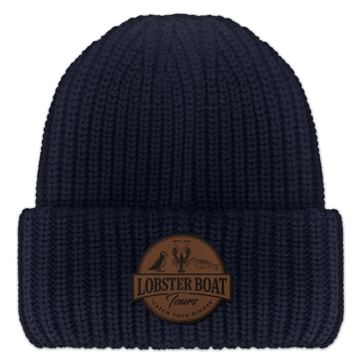 Lobster Boat Tours Leather Patch Chunky Knit in navy, front view