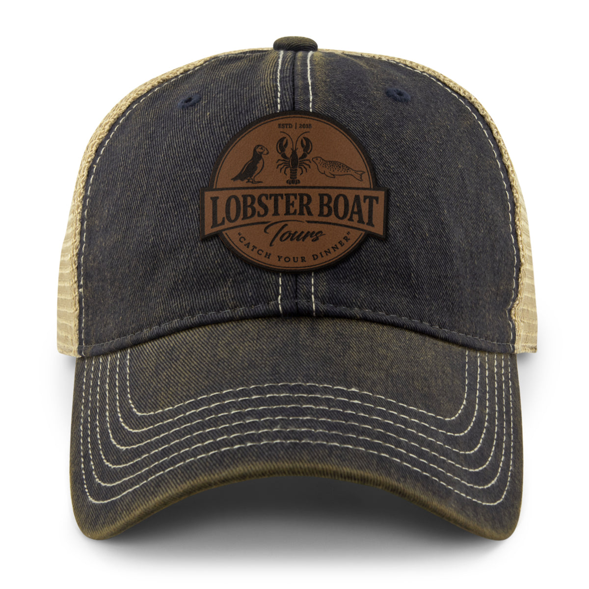 Lobster Boat Tours Leather Patch Dirty Water Trucker Hat