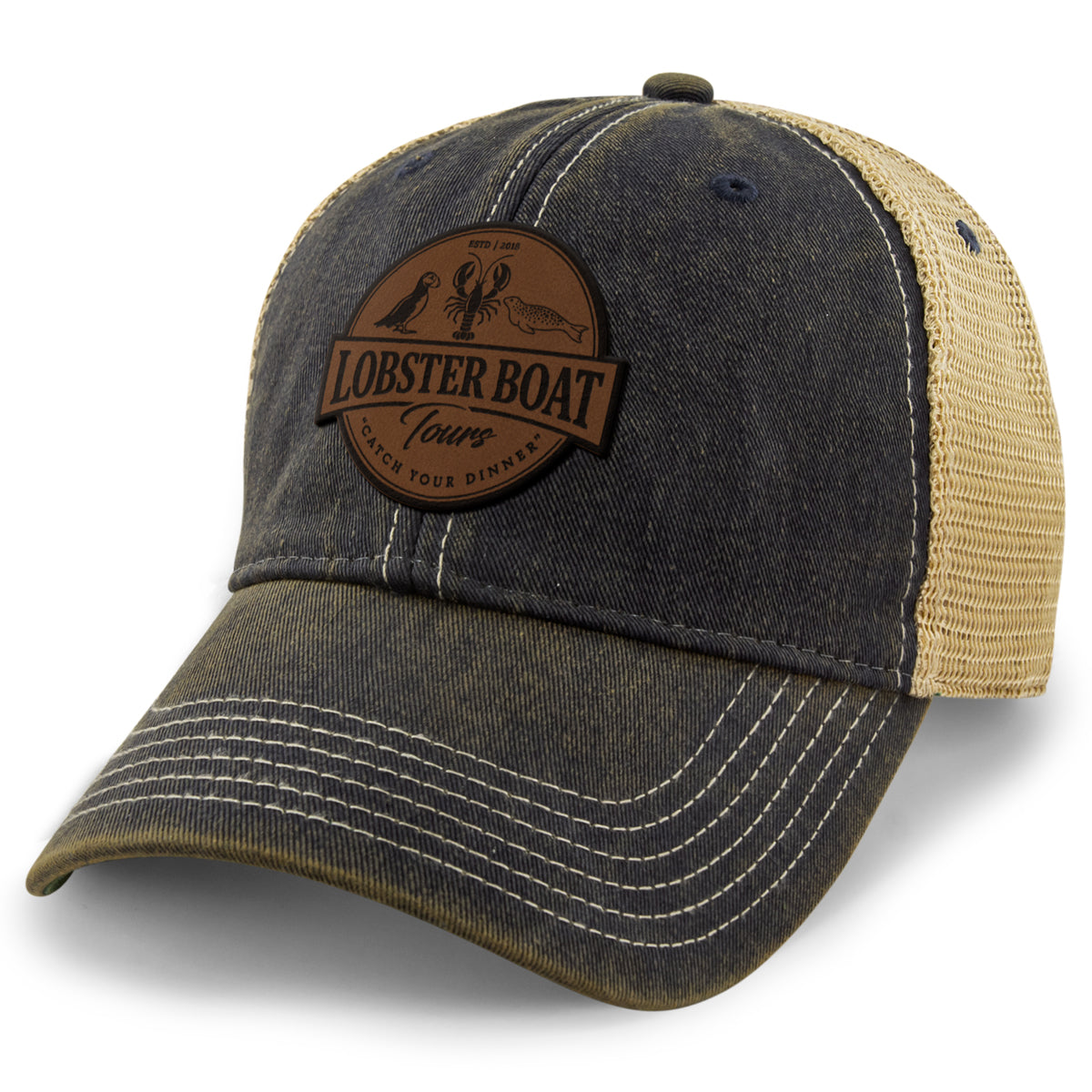 Lobster Boat Tours Leather Patch Dirty Water Trucker Hat