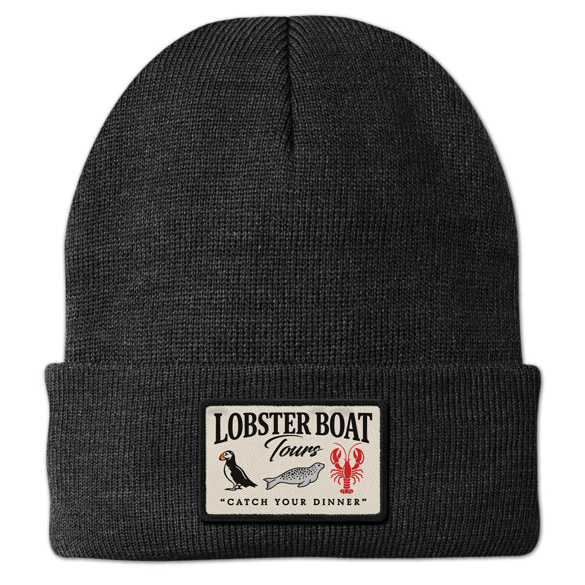 Lobster Boat Tours Printed Patch Cuff Knit in charcoal, front view