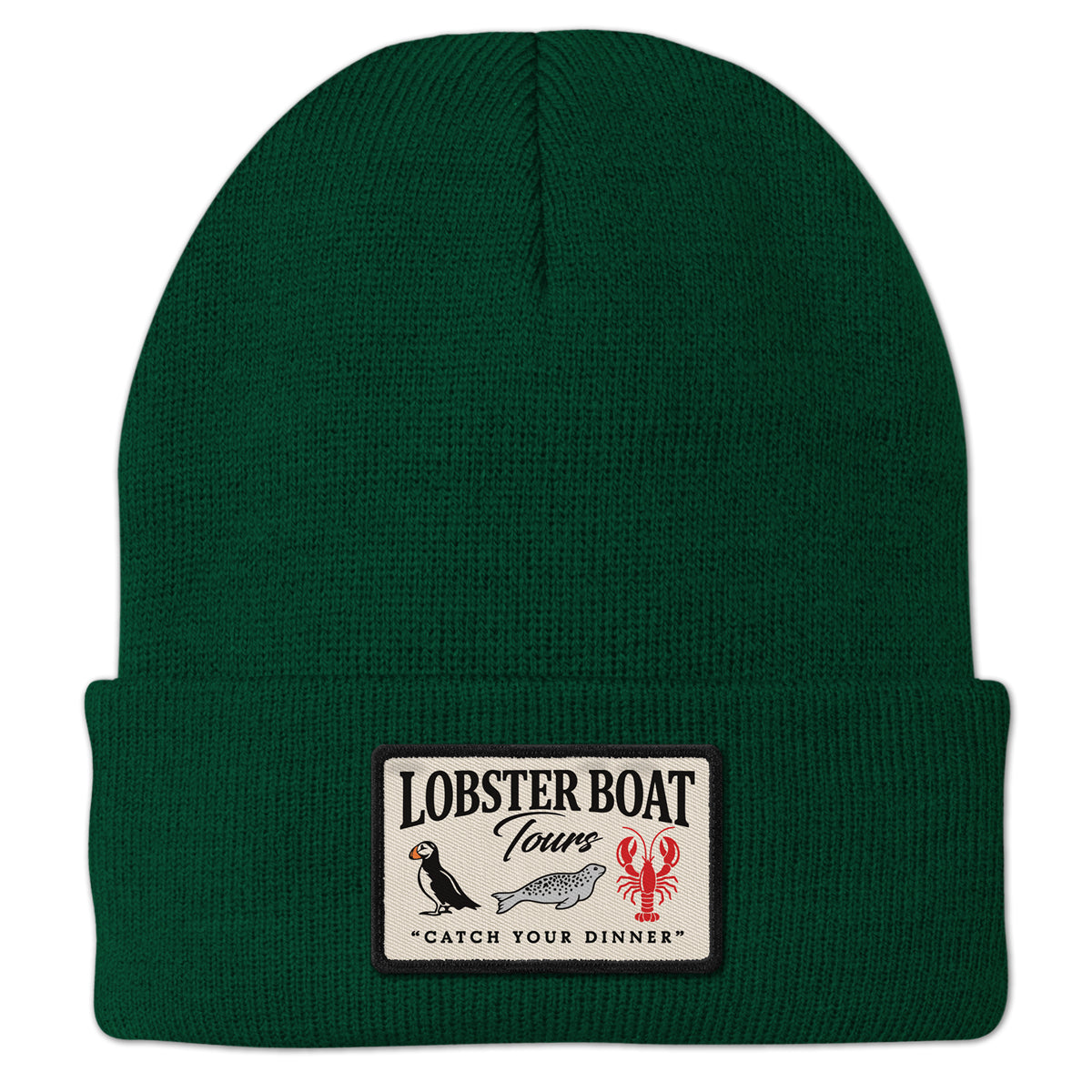 Lobster Boat Tours Printed Patch Cuff Knit in dark green, front view